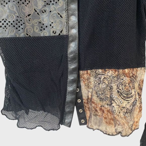 Isabel Leather & Mesh Button-Up Blouse Womens Medium Black Abstract Panel Top - Picture 6 of 14